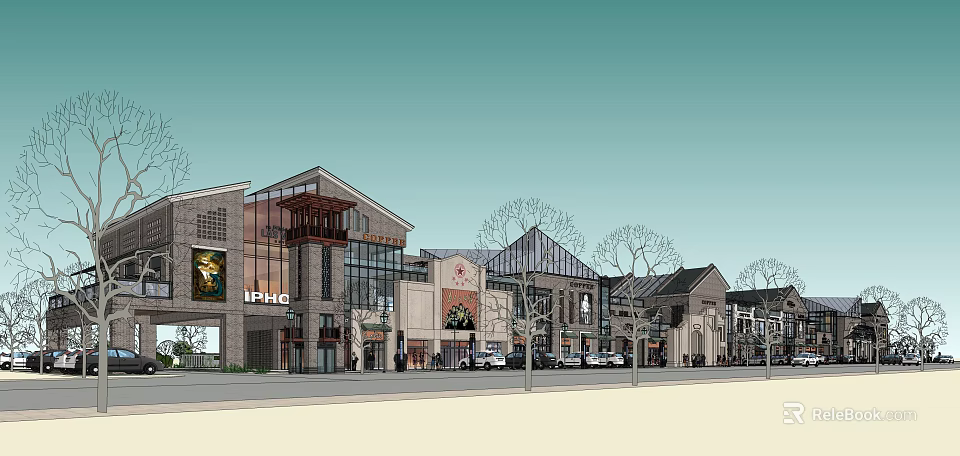 Commercial Street With Modern Architecture Glass Windows Shops Trees And Pedestrians 3d model 
