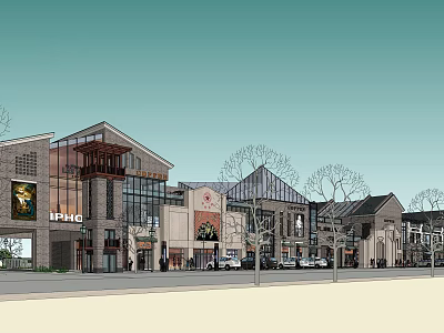 Commercial Street With Modern Architecture Glass Windows Shops Trees And Pedestrians 3d model
