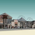 Commercial Street With Modern Architecture Glass Windows Shops Trees And Pedestrians
