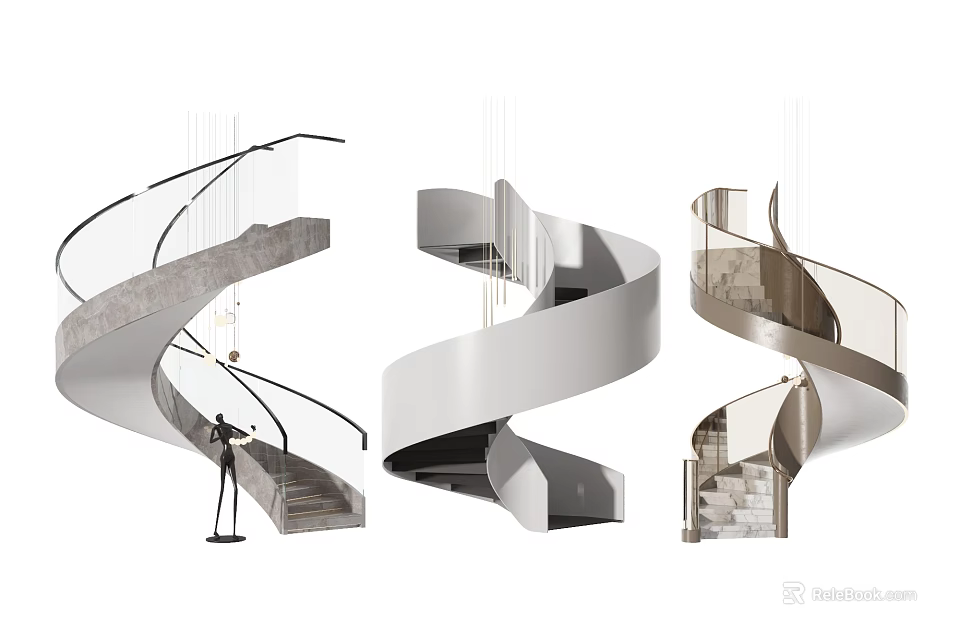 Elegant Spiral Staircase Interior Design With Glass Railing Metal Handrail And Marble Steps 3d model 