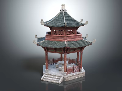 Traditional Chinese Pavilion With Two Tiered Green Tiled Roof Red Pillars And Stone Base 3d model