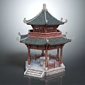 Traditional Chinese Pavilion With Two Tiered Green Tiled Roof Red Pillars And Stone Base