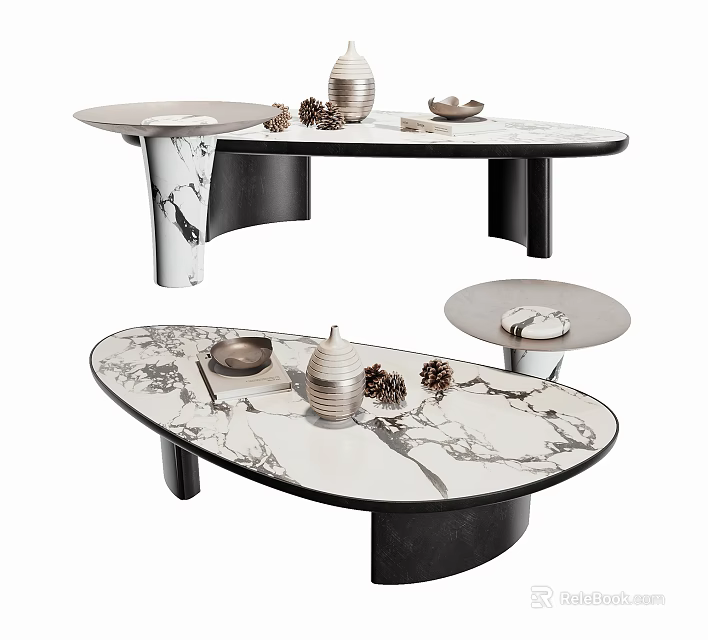 Modern Marble Coffee Table With Oval Shape Pinecones And Decorative Items 3d model 