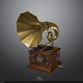 Vintage Gramophone With Golden Horn Wooden Base And Decorative Turntable