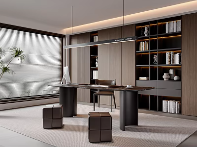 Modern Study Room With Wooden Shelves Spacious Desk Ergonomic Chair Window Blinds And Green Plant 3d model