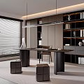 Modern Study Room With Wooden Shelves Spacious Desk Ergonomic Chair Window Blinds And Green Plant