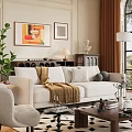 Modern White Sofa and Coffee Table Set With Brown Throw Blanket Decorative Pillows Geometric Rug