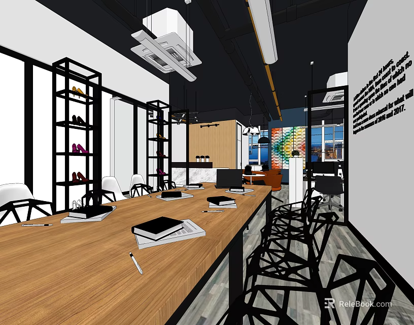 Modern Public Office Space With Long Wooden Table Bookshelves And Ergonomic Chairs 3d model 
