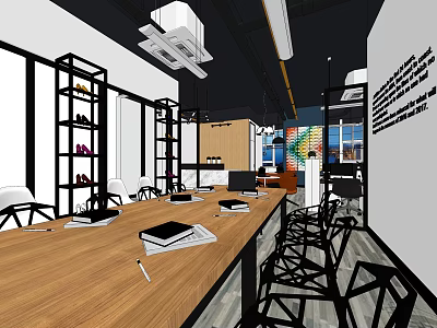 Modern Public Office Space With Long Wooden Table Bookshelves And Ergonomic Chairs 3d model