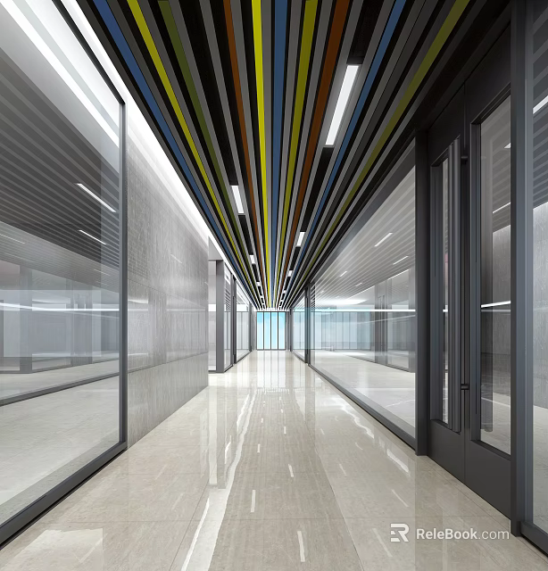 Modern Office Corridor With Colorful Striped Ceiling Glass Partitions And Polished Floor 3d model 