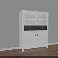 White Decorative Cabinet with Glass Doors and Drawers against Gray Wall on Wooden Floor