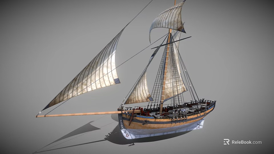 Traditional Sailing Ship With Multiple White Canvas Sails And Wooden Mast Design 3d model 