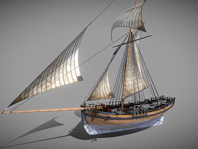 Traditional Sailing Ship With Multiple White Canvas Sails And Wooden Mast Design 3d model