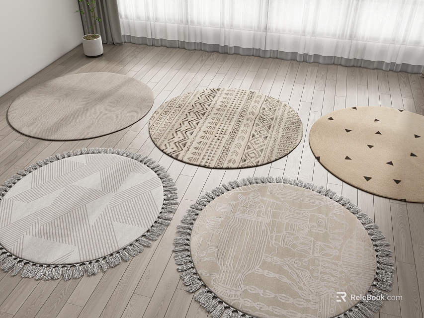 Various Round Rugs With Geometric Patterns And Fringed Design On Wooden Floor 3d model 