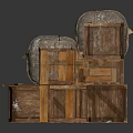 Stacked Wooden Crates With Thick Sacks As Practical Household Storage Items