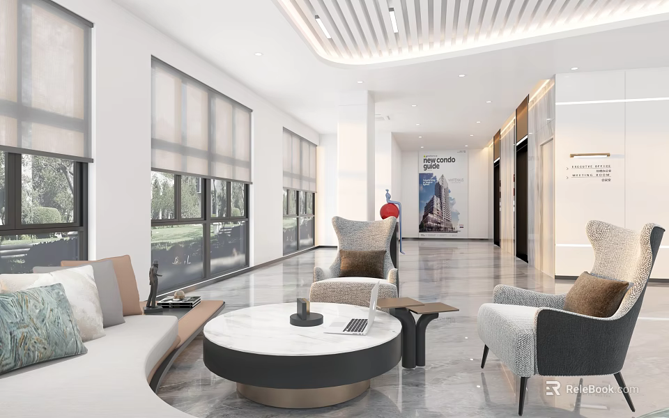 Modern Reception Area With Spacious Bright Interior Large Windows Sofa Chairs And Marble Floor 3d model 