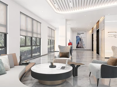 Modern Reception Area With Spacious Bright Interior Large Windows Sofa Chairs And Marble Floor 3d model