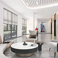 Modern Reception Area With Spacious Bright Interior Large Windows Sofa Chairs And Marble Floor 3d model