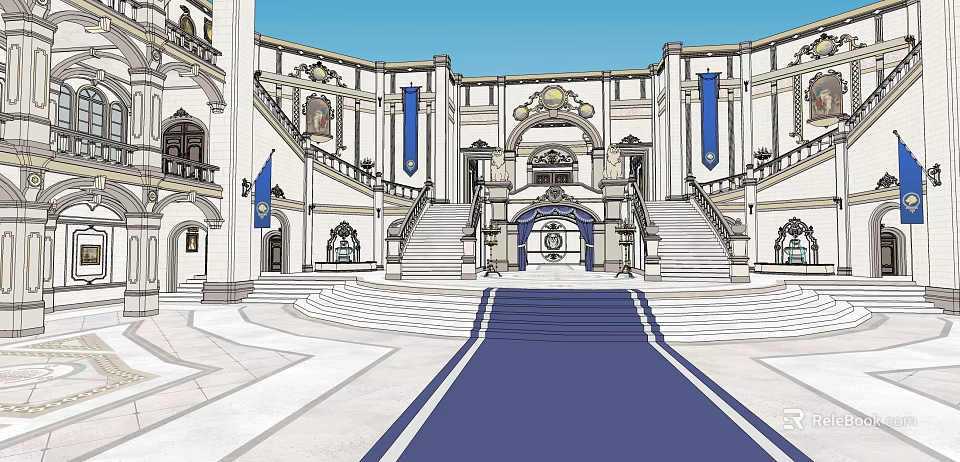 Sacred Religious Building With Symmetrical Steps Blue Flags And Ornate Decorations 3d model 