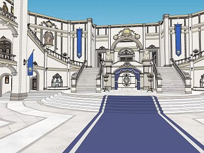 Sacred Religious Building With Symmetrical Steps Blue Flags And Ornate Decorations 3d model