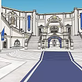 Sacred Religious Building With Symmetrical Steps Blue Flags And Ornate Decorations
