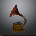 Vintage Gramophone With Red Horn Wooden Base And Turntable Metal Arm