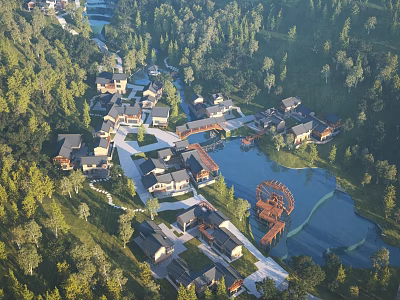 Aerial View Planning of Residential Community with Surrounding Forest River Lake and Watermill 3d model