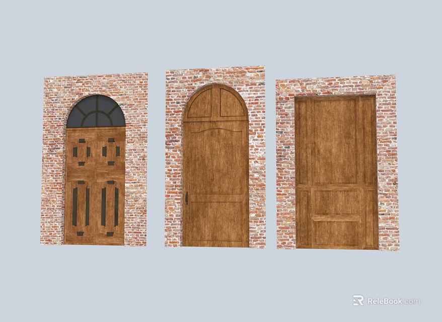 Wooden Entry Doors With Arched Design Window Panel And Brick Wall Frames 3d model 