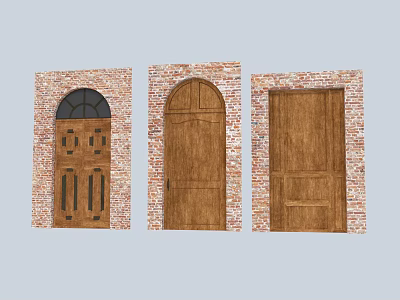 Wooden Entry Doors With Arched Design Window Panel And Brick Wall Frames 3d model