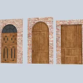 Wooden Entry Doors With Arched Design Window Panel And Brick Wall Frames