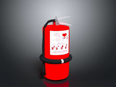 Red Fire Extinguisher With Black Hose And Instruction Label For Household Use 3d model