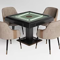 Square Entertainment Table With Green Surface Surrounded By Four Light Brown Chairs With Black Legs