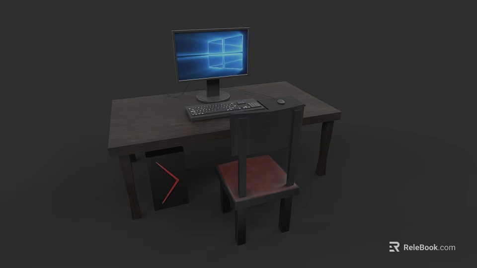 Office Desk Setup Featuring Monitor Keyboard Mouse Red Accent Chair And Computer Tower 3d model 