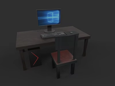 Office Desk Setup Featuring Monitor Keyboard Mouse Red Accent Chair And Computer Tower 3d model
