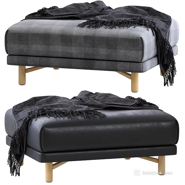 Gray Plaid Fabric And Black Leather Ottoman With Wooden Legs And Draped Black Blanket 3d model 