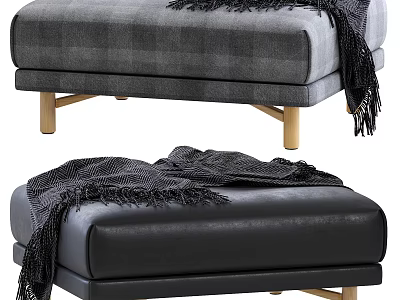 Gray Plaid Fabric And Black Leather Ottoman With Wooden Legs And Draped Black Blanket 3d model