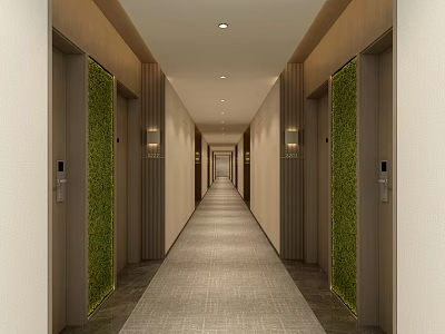 Hotel Corridor With Lighting Doors On Both Sides Green Decorations Light Walls And Gray Carpet 3d model