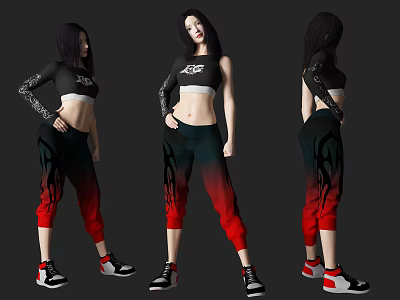 Woman in XCP Crop Top Black Red Gradient Pants with Flame Pattern and Sporty Sneakers 3d model