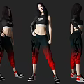 Woman in XCP Crop Top Black Red Gradient Pants with Flame Pattern and Sporty Sneakers