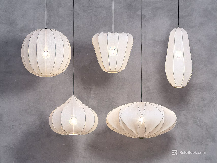 Five White Pendant Lights with Various Shapes Hanging on Gray Background 3d model