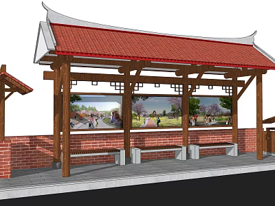 Traditional Bus Station Featuring Red Tile Roof Wooden Structure Brick Wall Benches and Display Paintings 3d model