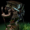 Fantasy Game Character Carrying Firewood In Backpack And Holding Staff On Grass