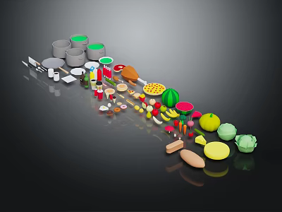 Assorted Foods Collection Featuring Fresh Fruits Vegetables Canned Items Bottles And Containers 3d model