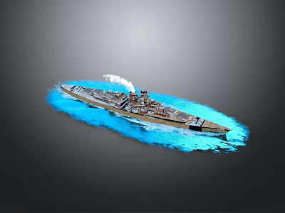 Detailed Naval Battleship Model Sailing On Blue Water Surface Emitting Smoke 3d model