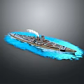 Detailed Naval Battleship Model Sailing On Blue Water Surface Emitting Smoke