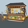 Commercial Outdoor Setup With Wooden Kiosk Roof Tables Stools Drink Display And Decorative Plants