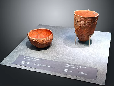Ancient Guan Ware Pottery with Carved Patterns Bowl and Tall Cup on Display Stand 3d model