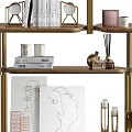 Modern Bookcase With Wooden Shelves Metal Frame And Decorative Books Vases Table Lamp
