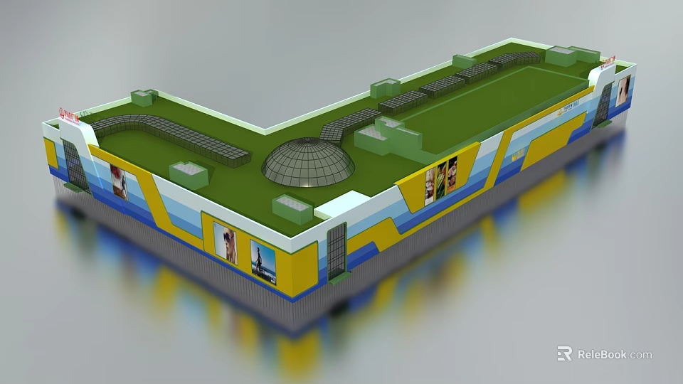 Modern Commercial Complex With Green Roof Yellow Blue Exterior And Billboards 3d model 