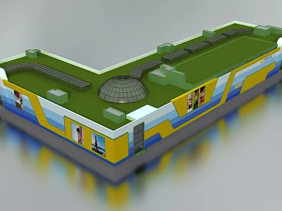 Modern Commercial Complex With Green Roof Yellow Blue Exterior And Billboards 3d model